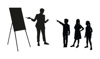 Woman teacher standing at whiteboard teaching children pupils in elementary school black silhouettes isolated on white background.