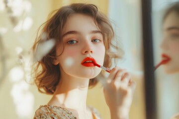 Young woman with short hair is applying red lipstick while looking at her reflection in a softly lit room, creating an elegant and serene atmosphere