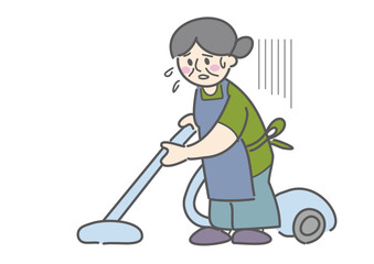 疲労状態で掃除機をかけるおばあさん