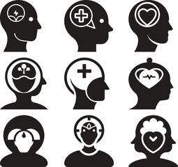 Set of Black and White Human Head Icons Depicting Mental and Physical Well-being