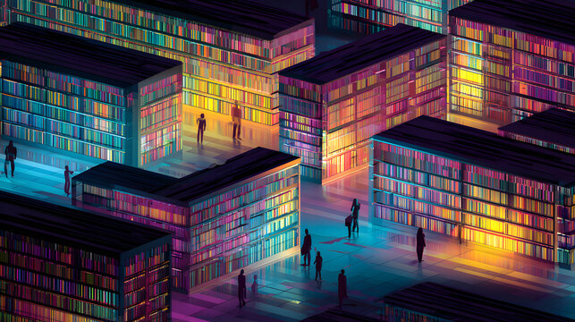 Neon glowing library: a futuristic digital bookshelves filled with knowledge and infinite stories. Infinite Libraries. Illustration - Powered by Adobe