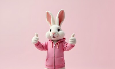 A white rabbit cheerful giving thumbs-up against a solid pale pink background.