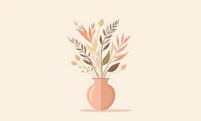 Autumnal Flower Bouquet Vase Stylized Minimalist Modern Illustration in Muted Dusty Rose Beige Brown Light Peach