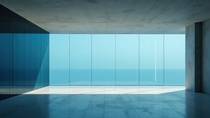 Modern Concrete Interior With Large Floor To Ceiling Windows Overlooking The Ocean On A Sunny Day