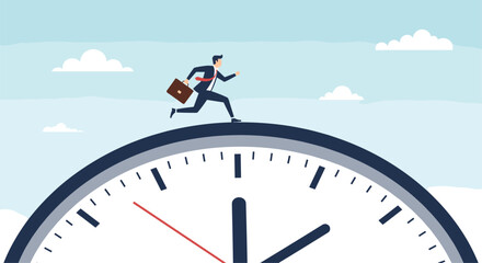 Business professional running on top of a giant clock face against a sky background with clouds representing the passage of time and business urgency