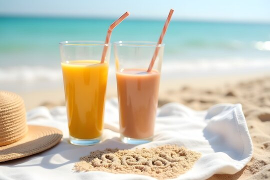 A beach picnic setup with two untouched smoothies and sand-drawn initials.
