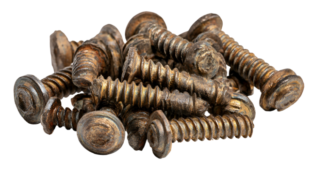 Rusty screws pile close up dark background,