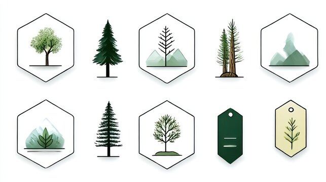 Forest icons in hexagonal frames