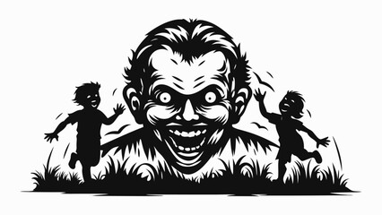 Fototapeta premium Two children run from a large grinning face emerging from grass in a black and white illustration silhouette