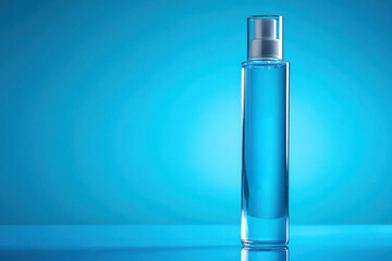 Elegant transparent perfume bottle with spray nozzle on blue background. Minimal clean design for luxury fragrance branding, beauty, cosmetic and skincare concepts.