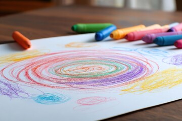 Colorful spiral drawing on paper with crayons scattered around a wooden table