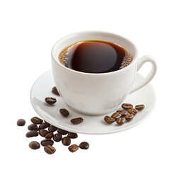 White coffee cup filled with dark liquid, surrounded by coffee beans