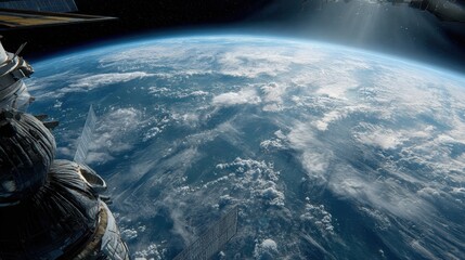 A cinematic view of Earth from space, with the vast ocean below and floating satellite elements in focus. The atmosphere is serene as seen through glass windows on an international spacecraft. 