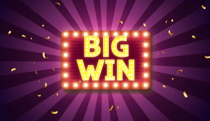 Big win neon sign with confetti and spotlight background