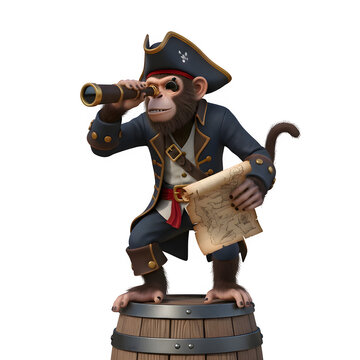 Adventurous pirate monkey with a spyglass and treasure map. A whimsical primate buccaneer on a barrel searching for treasure. Isolated 3D character.