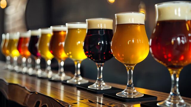 A vibrant selection of craft beers is displayed at a bar, highlighting various colors and textures under warm evening lighting