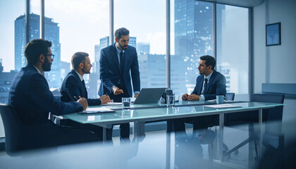Group of professional lawyers in formal suits having a discussion in a conference