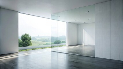 Obraz premium Modern minimalist interior design showcasing expansive glass wall, serene landscape view, polished concrete floor, and sleek mirrored partition.