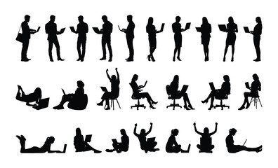 Businessman and businesswoman business worker with laptop various positions isolated vector black silhouettes.