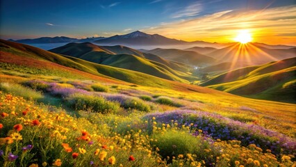 Fototapeta premium Golden Hour's Embrace Serene Sunset Over Rolling Hills Adorned with Vibrant Wildflower Meadow