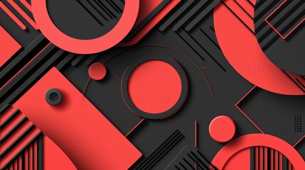 Abstract composition featuring red and black geometric shapes and lines.