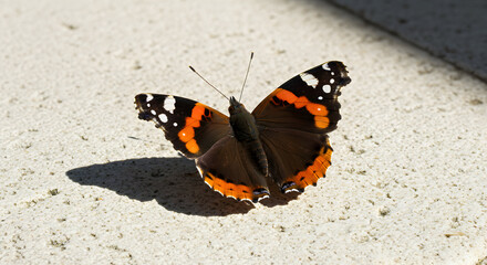 A beautiful red admiral butterfly basks in the warm sunlight on a light stone surface, its wings spread wide, showcasing intricate details and vibrant colors.