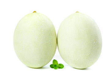 Fresh Shandong jade mushroom melon with white base and green flesh showcased on a clean backdrop