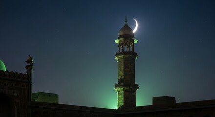 Obraz premium Majestic mosque minaret illuminated by crescent moon under starry night sky Ramadan vibes