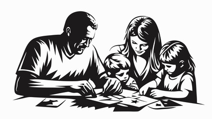 Fototapeta premium A family of four is sitting at a table playing a card game in a black and white illustration style silhouette