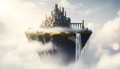 Fantasy castle stands atop a large floating island, complete with a flowing waterfall surrounded by ethereal clouds