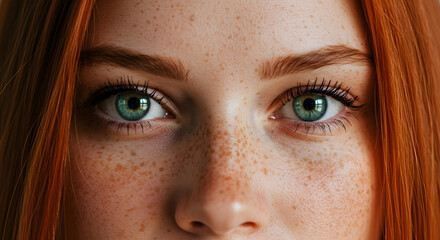 Fototapeta premium Close-up portrait of a young woman with beautiful green eyes and freckles, showcasing natural beauty and healthy skin.