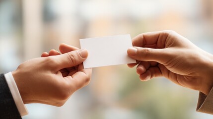 Hands exchanging a blank business card.