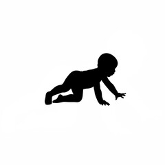 Silhouette of a baby crawling forward with one hand extended on white background