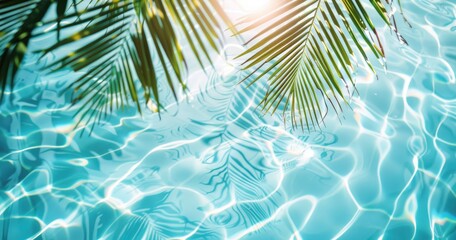 Serene pool water with sunlight and palm leaves creating a tranquil atmosphere.