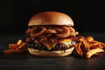 Delicious gourmet burger with melted cheddar, crispy bacon, and crunchy onion rings, accompanied by a side of sweet potato fries