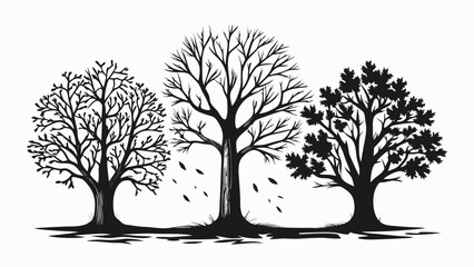 Obraz premium Illustration of three trees with varying foliage stages in black and white drawing style design art silhouette