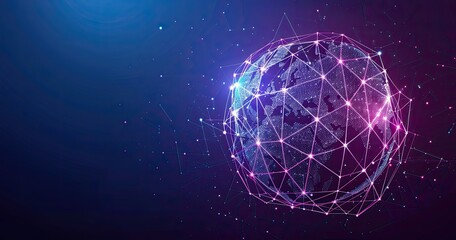 A digital representation of a connected globe with a network of lines and nodes.