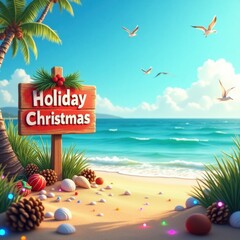 Tropical Beach Christmas Celebration with Palm Trees Seagulls and Festive Decorations on the Sand Under a Bright Sunny Sky