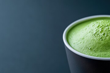 Matcha latte with foam top in black cup on blue table
