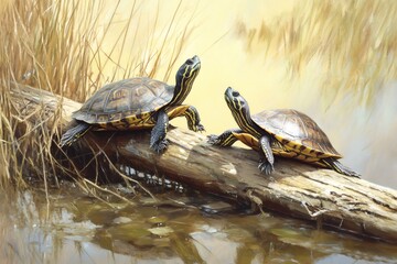 Obraz premium Two turtles basking on a fallen log in a tranquil swamp, soaking up the warm sunlight and enjoying the peaceful surroundings