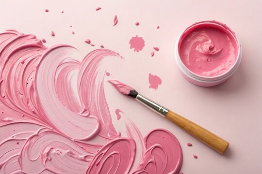 Pink paint swirled with a brush and a jar of paint on a light pink background