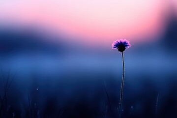 Lone flower stands against pale sunset sky and soft fog