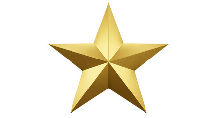 A gleaming golden five pointed star with sharp points and a metallic sheen isolated on white background