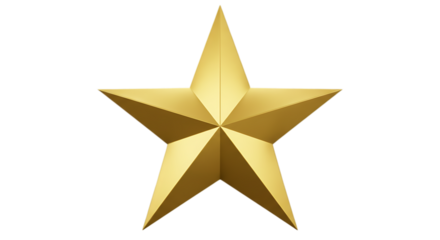 A gleaming golden five pointed star with sharp points and a metallic sheen isolated on white background
