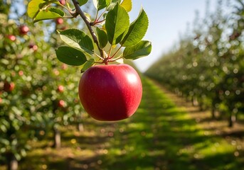 Fresh ripe red apple hanging in a sunlit orchard during harvest
