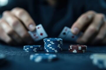 Gambler holding cards at a poker game in las vegas