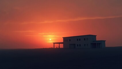 Beautiful modern house in the desert at sunset with orange sky and clouds