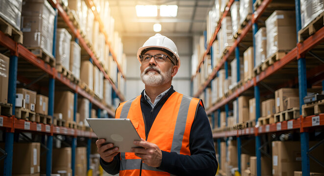 Experienced warehouse manager thoughtfully reviewing inventory levels on his tablet, planning logistics and optimizing warehouse efficiency for maximum productivity.