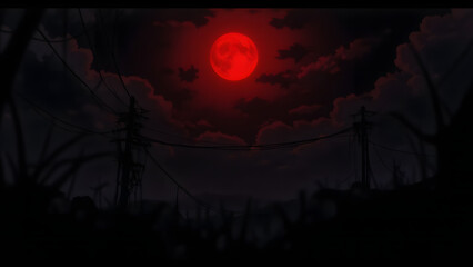 Creepy Anime Red Moon Night with Silhouetted Power Lines and Clouds

