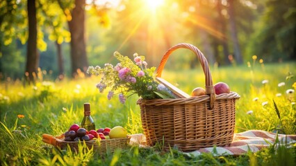 Serene Summer Picnic Basket Filled with Nature's Bounty in a Sunlit Meadow